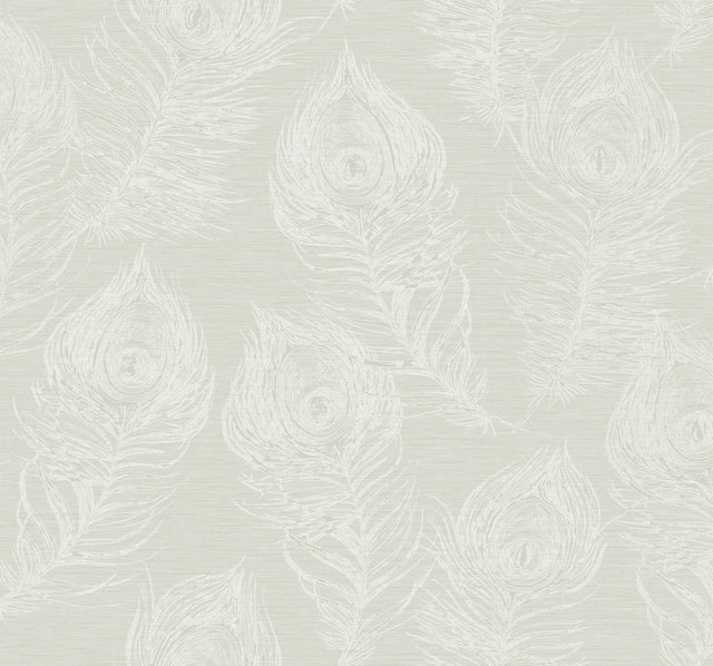Regal Peacock White Wallpaper with Pearl Effect Feather Motif - York EV3944