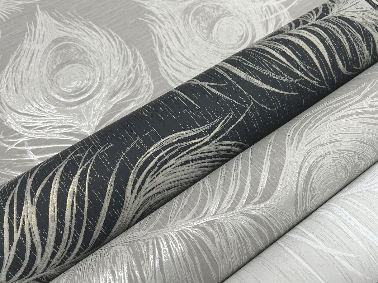 Regal Peacock White Wallpaper with Pearl Effect Feather Motif - York EV3944