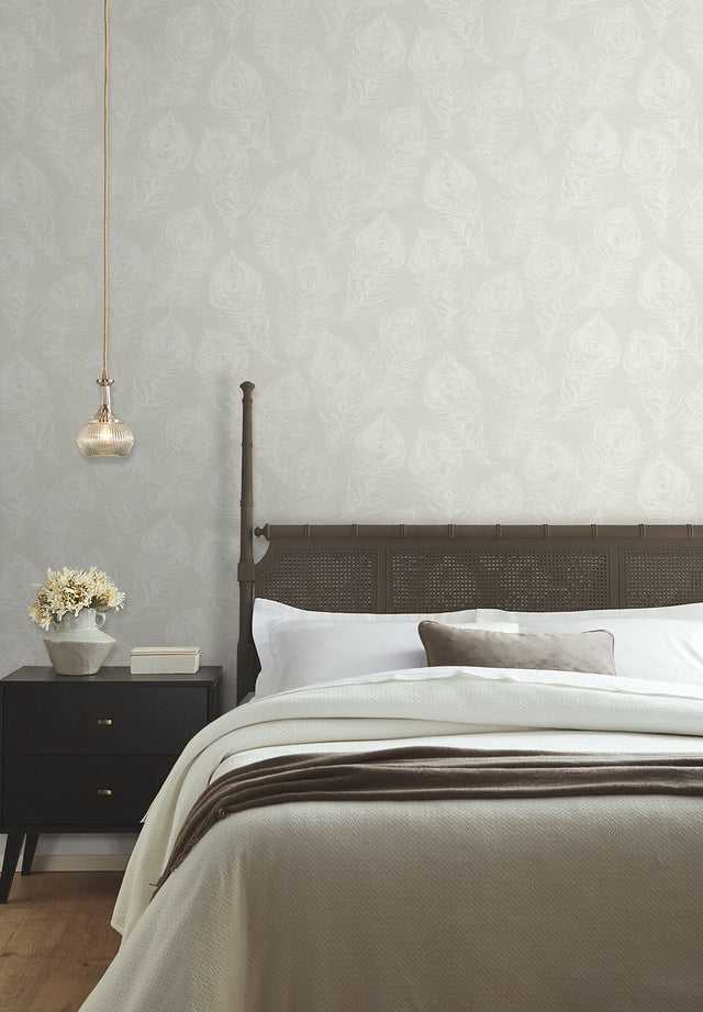 Regal Peacock White Wallpaper with Pearl Effect Feather Motif - York EV3944