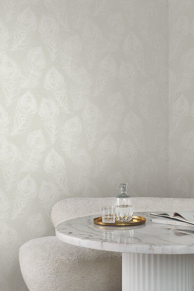 Regal Peacock White Wallpaper with Pearl Effect Feather Motif - York EV3944