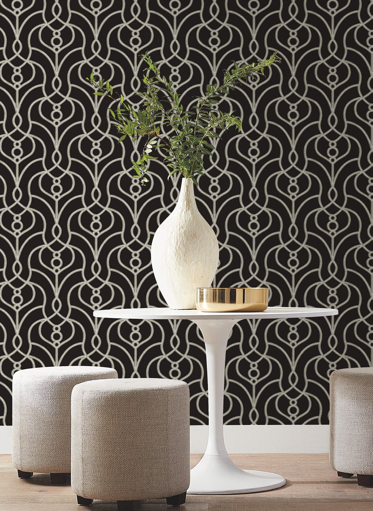 Divine Trellis Black Wallpaper with Pearl Effect Geometric Trellis - York EV3945