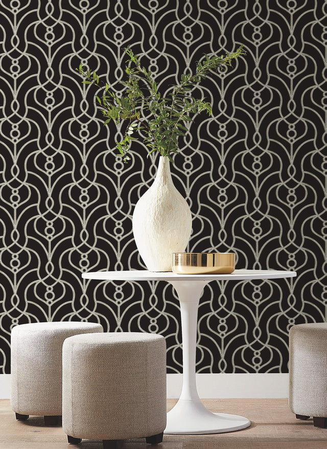 Divine Trellis Black Wallpaper with Pearl Effect Geometric Trellis - York EV3945