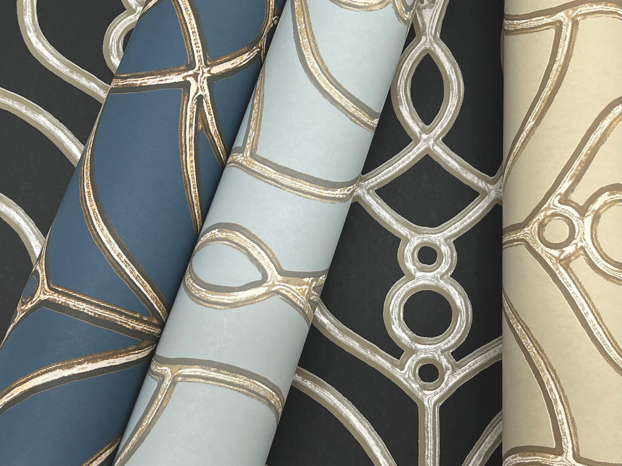 Divine Trellis Navy Wallpaper with Metallic Pearl Geometric Trellis - York EV3946