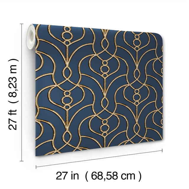Divine Trellis Navy Wallpaper with Metallic Pearl Geometric Trellis - York EV3946