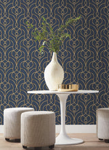 Divine Trellis Navy Wallpaper with Metallic Pearl Geometric Trellis - York EV3946