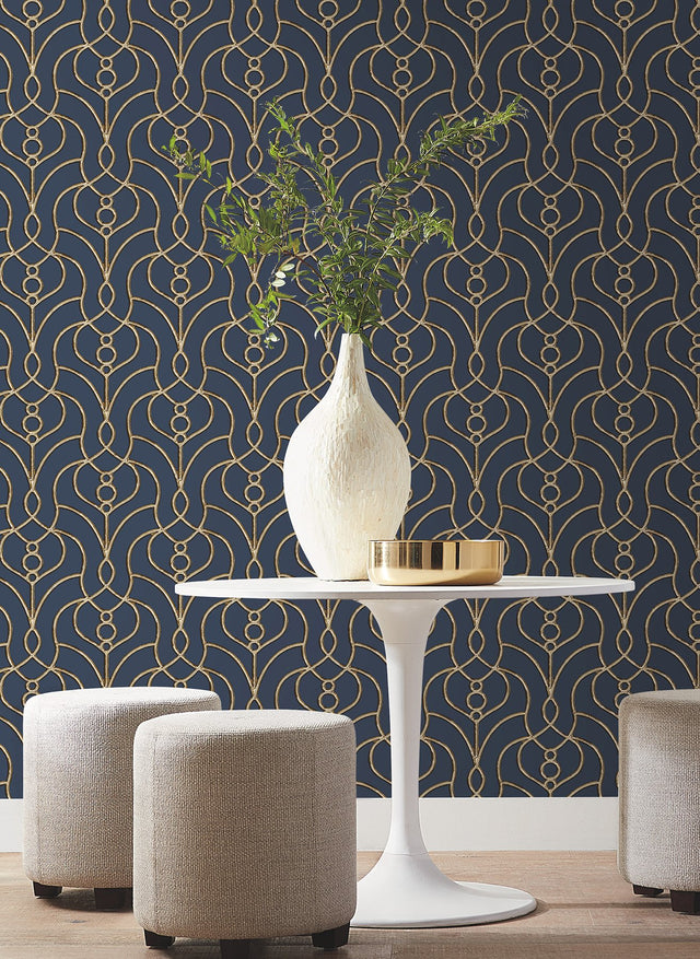 Divine Trellis Navy Wallpaper with Metallic Pearl Geometric Trellis - York EV3946