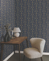 Divine Trellis Navy Wallpaper with Metallic Pearl Geometric Trellis - York EV3946