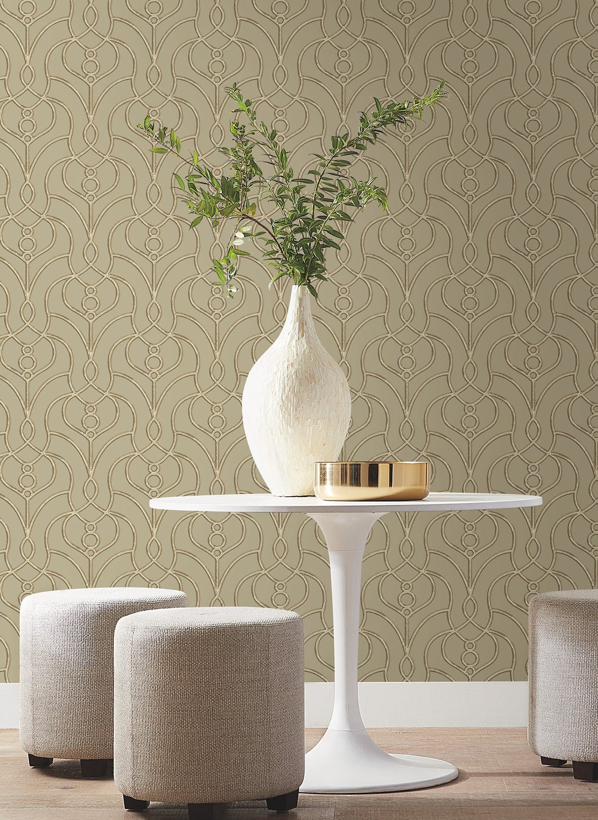 Divine Trellis Taupe Wallpaper with Pearl Geometric Trellis Pattern - York EV3947