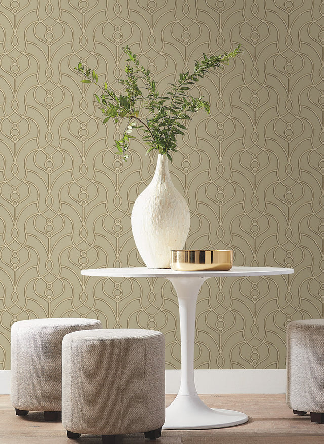 Divine Trellis Taupe Wallpaper with Pearl Geometric Trellis Pattern - York EV3947