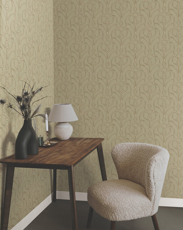 Divine Trellis Taupe Wallpaper with Pearl Geometric Trellis Pattern - York EV3947