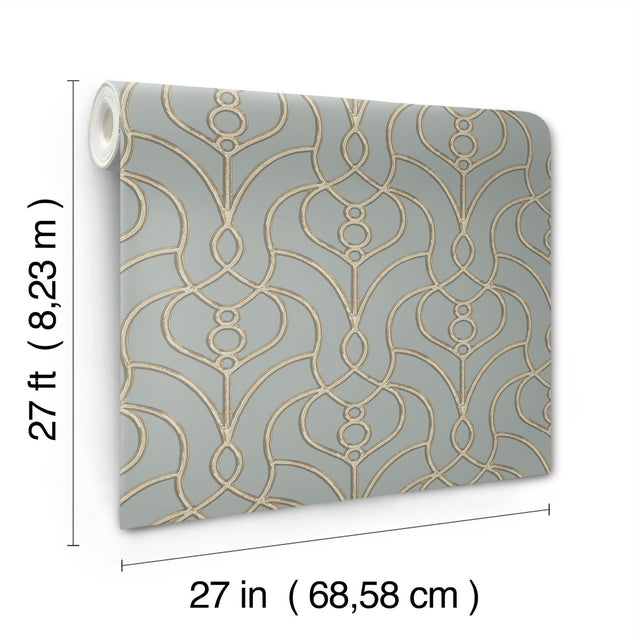 Divine Trellis Dusty Blue Wallpaper with Pearl Geometric Trellis - York EV3948