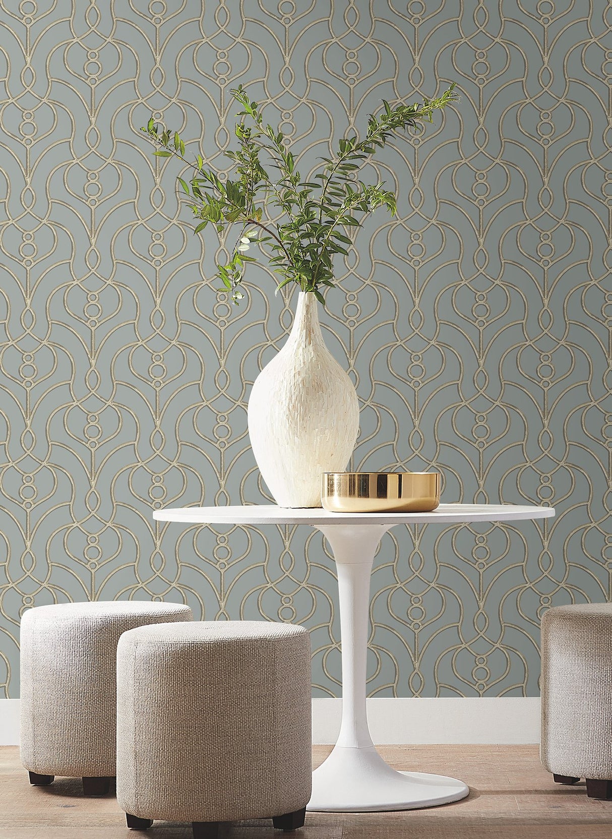 Divine Trellis Dusty Blue Wallpaper with Pearl Geometric Trellis - York EV3948
