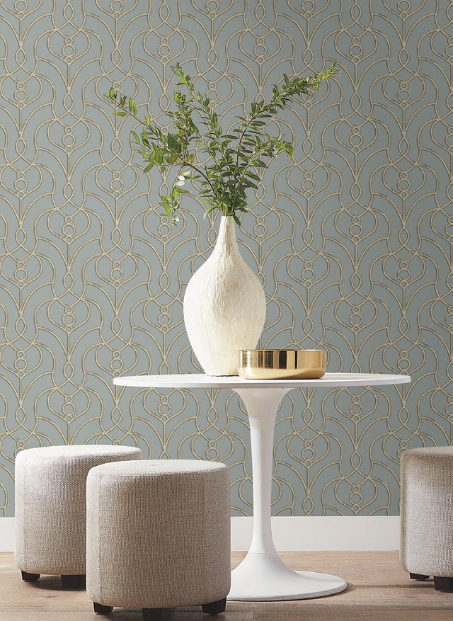 Divine Trellis Dusty Blue Wallpaper with Pearl Geometric Trellis - York EV3948