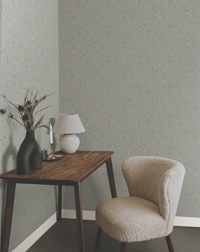 Divine Trellis Dusty Blue Wallpaper with Pearl Geometric Trellis - York EV3948