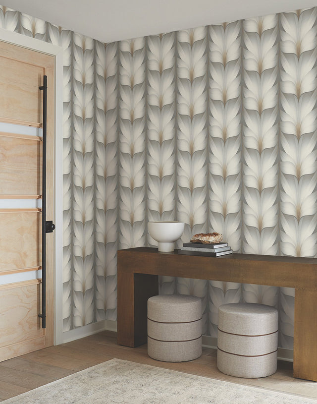 Lotus Light Stripe Charcoal Wallpaper with Contemporary Floral Stripe Motif - York EV3953