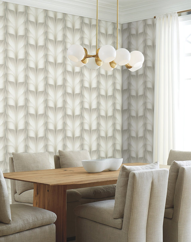 Lotus Light Stripe White Wallpaper with Silvery Neutral Feathered Lotus Motif - York EV3955