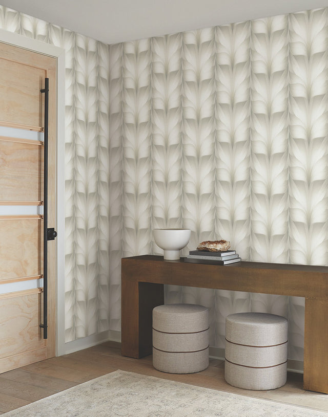 Lotus Light Stripe White Wallpaper with Silvery Neutral Feathered Lotus Motif - York EV3955