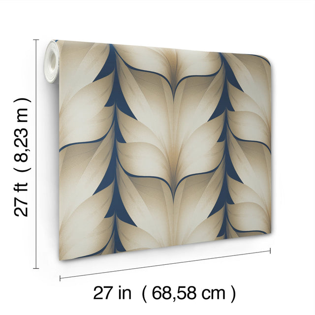Lotus Light Stripe Navy Wallpaper with Organic Leaf Stripe Motif - York EV3956