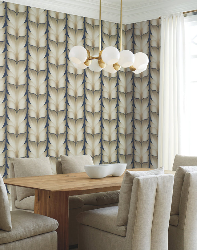 Lotus Light Stripe Navy Wallpaper with Organic Leaf Stripe Motif - York EV3956