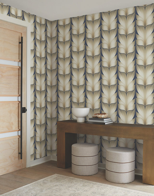 Lotus Light Stripe Navy Wallpaper with Organic Leaf Stripe Motif - York EV3956