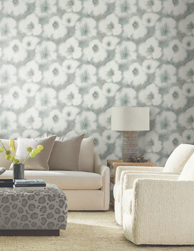 Blended Floral Aqua Wallpaper with Watercolor Floral Pattern - York EV3961