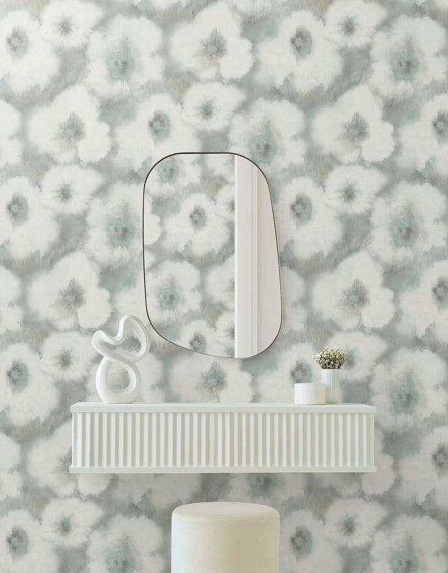 Blended Floral Aqua Wallpaper with Watercolor Floral Pattern - York EV3961