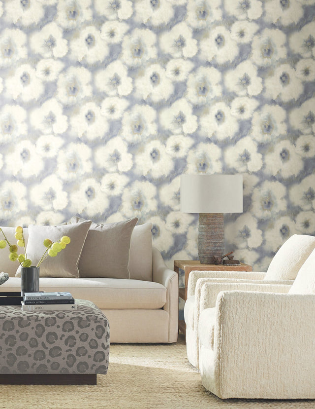 Blended Floral Blue Wallpaper with Diffused Watercolor Floral Pattern - York EV3964