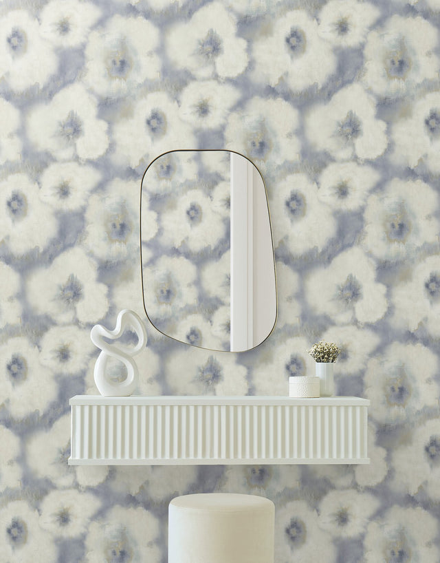 Blended Floral Blue Wallpaper with Diffused Watercolor Floral Pattern - York EV3964