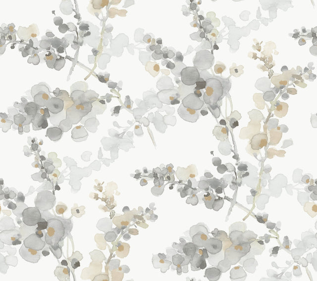 Blossom Fling Steel Wallpaper with Metallic Botanical Watercolor Style - York EV3971