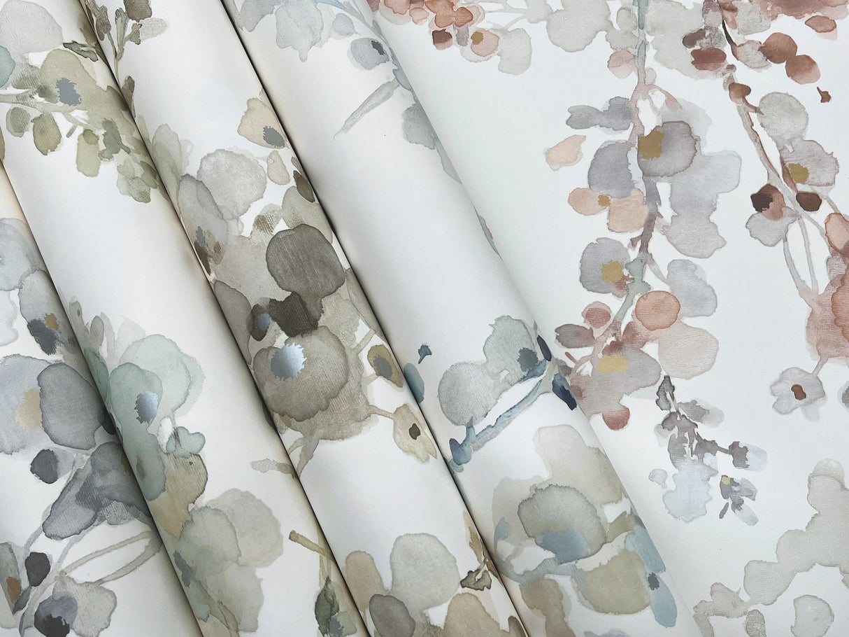 Blossom Fling Steel Wallpaper with Metallic Botanical Watercolor Style - York EV3971
