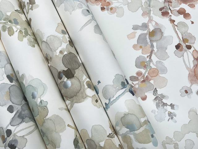 Blossom Fling Steel Wallpaper with Metallic Botanical Watercolor Style - York EV3971