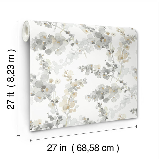 Blossom Fling Steel Wallpaper with Metallic Botanical Watercolor Style - York EV3971