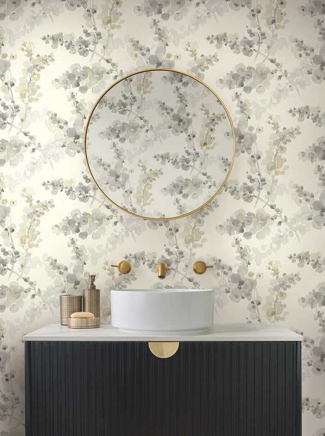 Blossom Fling Steel Wallpaper with Metallic Botanical Watercolor Style - York EV3971