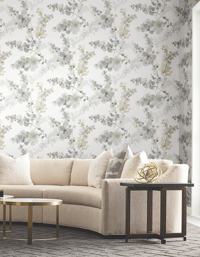 Blossom Fling Steel Wallpaper with Metallic Botanical Watercolor Style - York EV3971