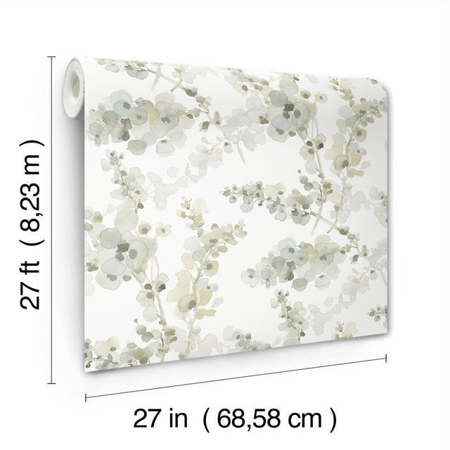 Blossom Fling Mineral Green Wallpaper with Metallic Botanical Watercolor Style - York EV3972