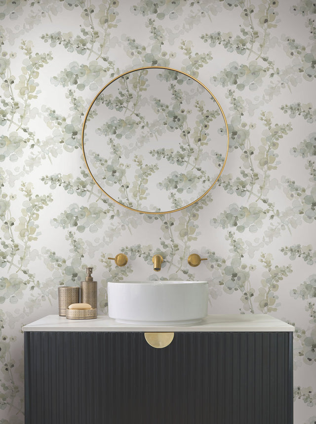 Blossom Fling Mineral Green Wallpaper with Metallic Botanical Watercolor Style - York EV3972