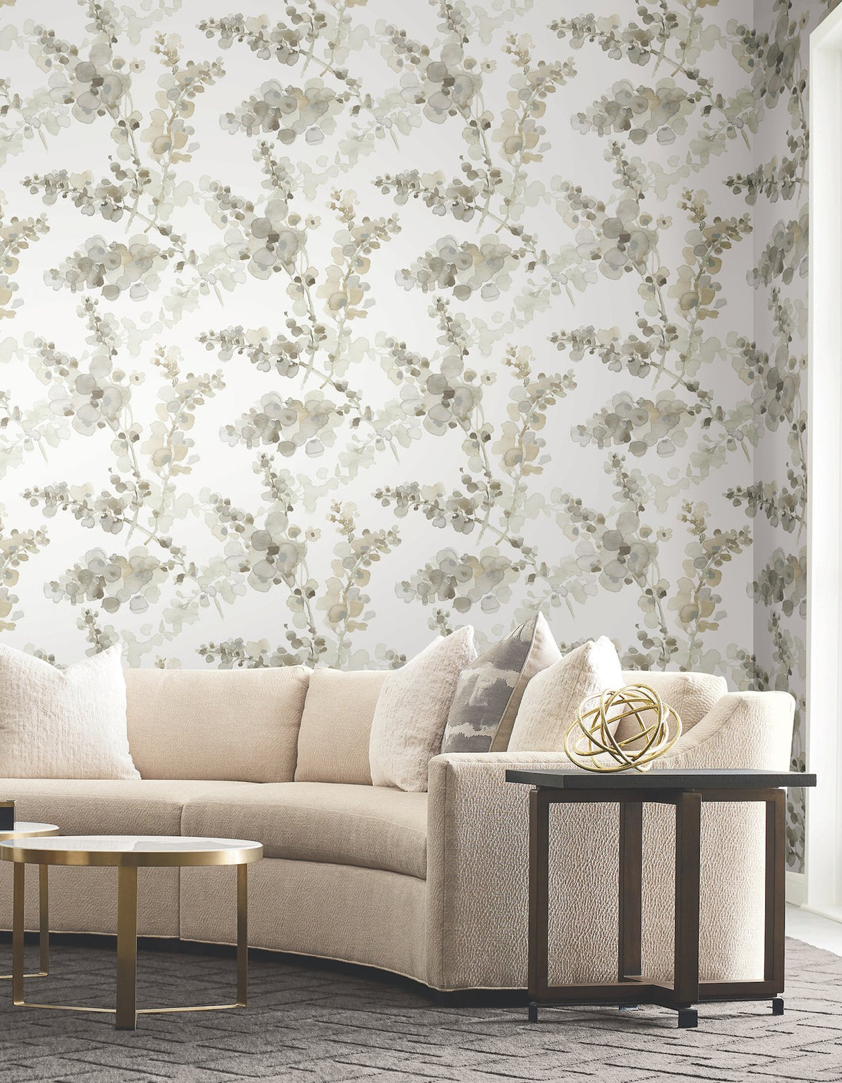 Blossom Fling Blonde Wallpaper with Metallic Botanical Watercolor - York EV3973