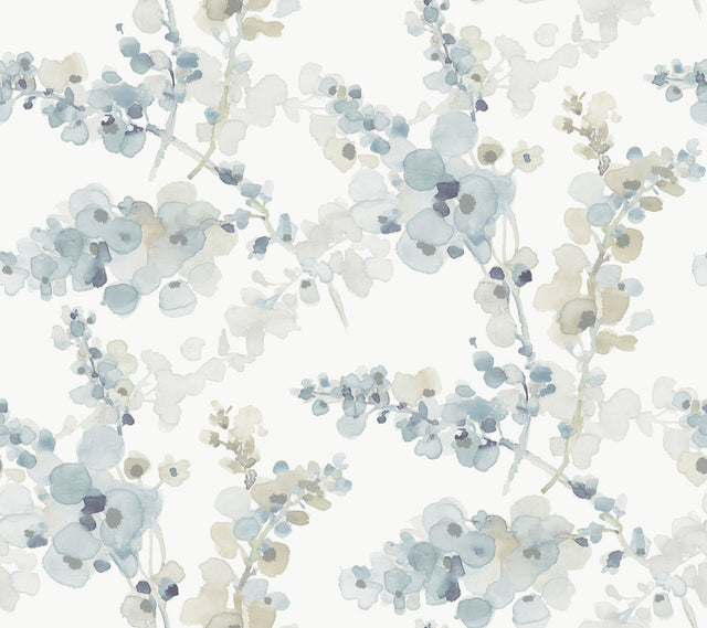 Blossom Fling Blue Watercolor Botanical Metallic Wallpaper - York EV3974