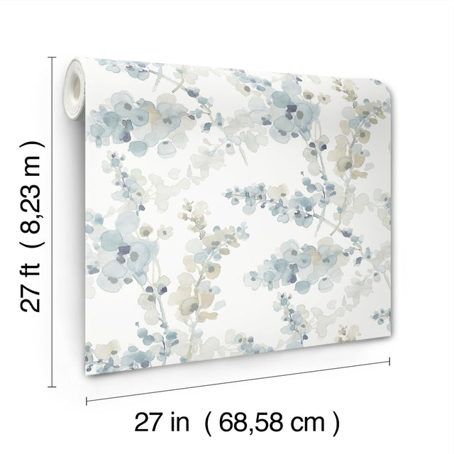 Blossom Fling Blue Watercolor Botanical Metallic Wallpaper - York EV3974