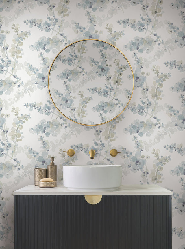 Blossom Fling Blue Watercolor Botanical Metallic Wallpaper - York EV3974