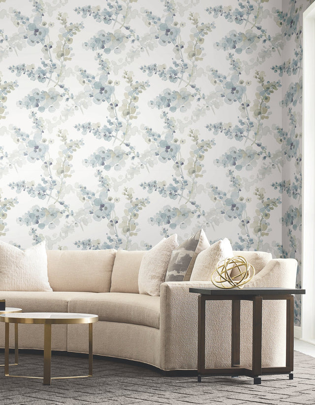 Blossom Fling Blue Watercolor Botanical Metallic Wallpaper - York EV3974