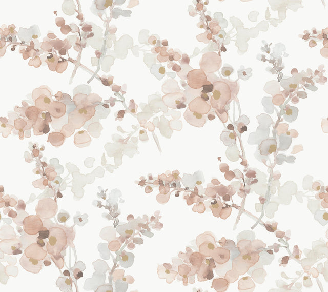 Blossom Fling Clay Wallpaper with Metallic Botanical Watercolor - York EV3975