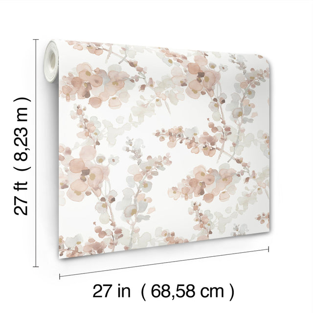 Blossom Fling Clay Wallpaper with Metallic Botanical Watercolor - York EV3975