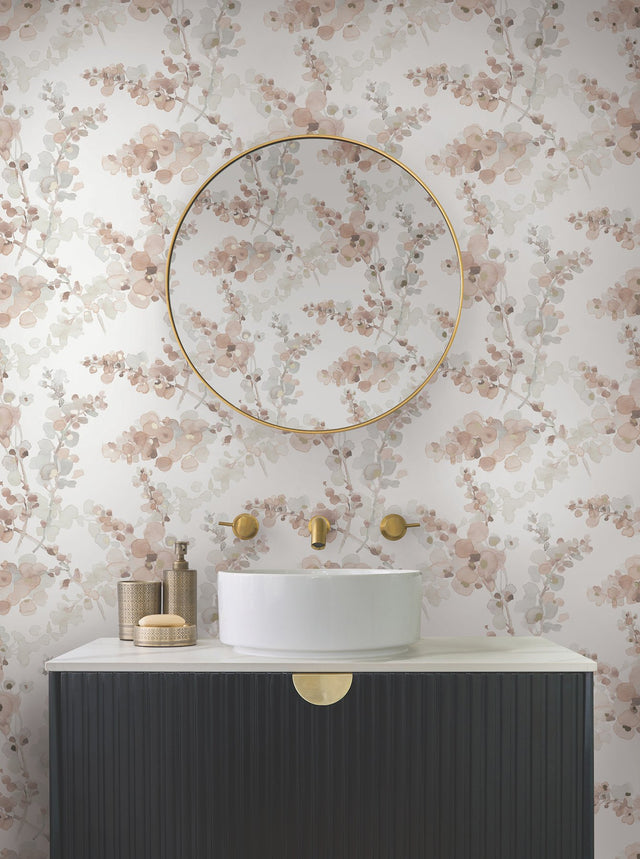 Blossom Fling Clay Wallpaper with Metallic Botanical Watercolor - York EV3975