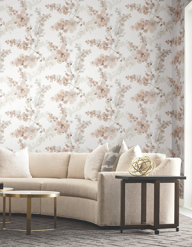 Blossom Fling Clay Wallpaper with Metallic Botanical Watercolor - York EV3975