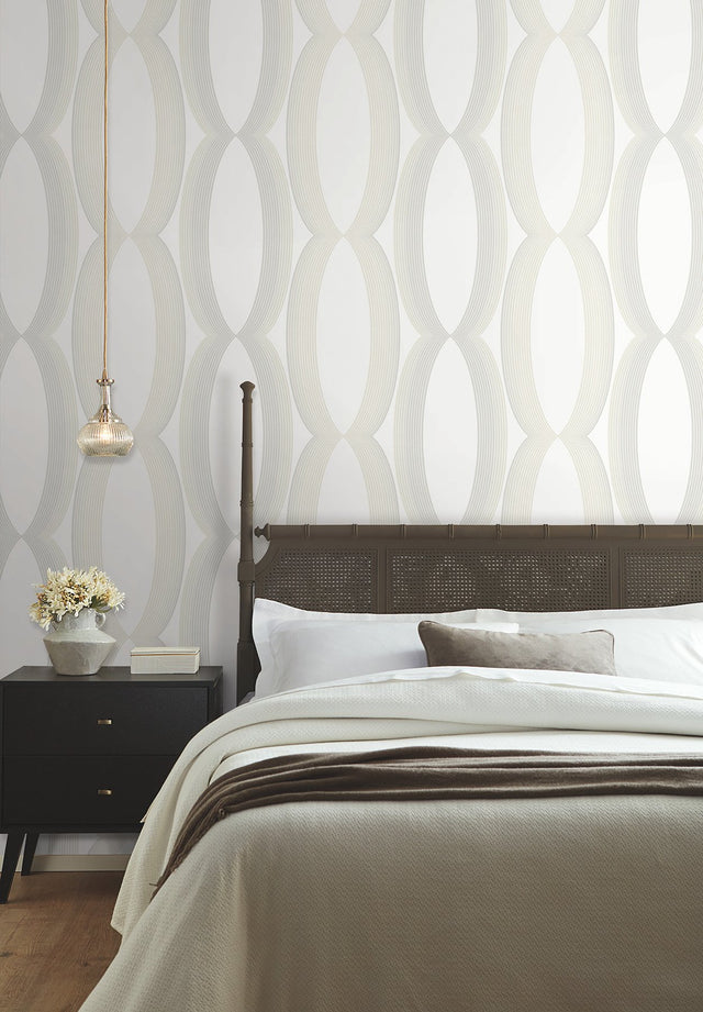 Progression Ogee White Geometric Non Woven Wallpaper - York EV3981