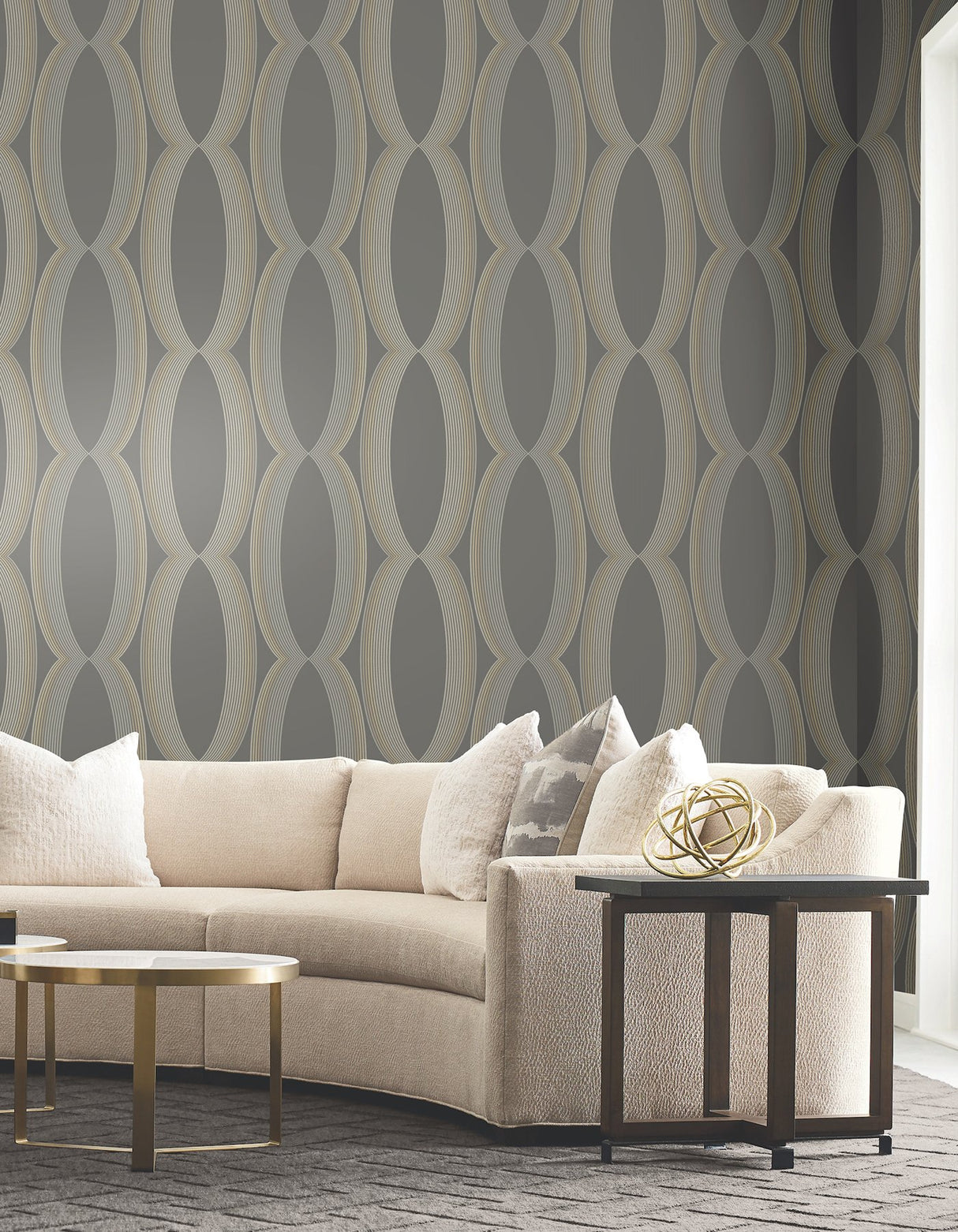 Progression Ogee Charcoal Wallpaper with Geometric Ogee Motif - York EV3986