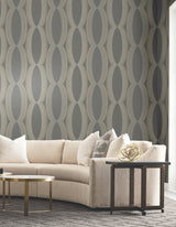 Progression Ogee Charcoal Wallpaper with Geometric Ogee Motif - York EV3986