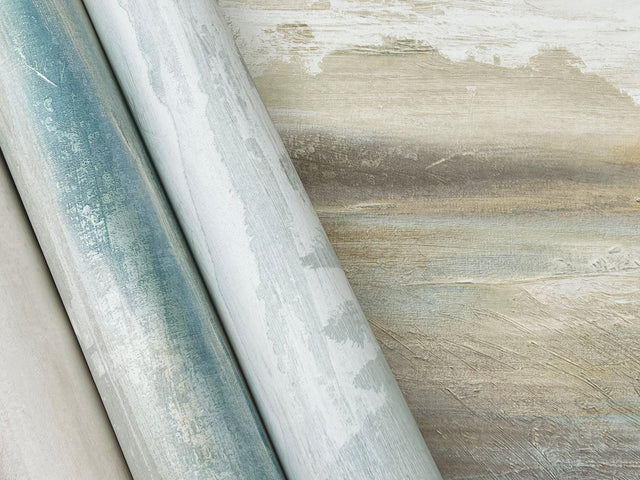 Soothing Mists Scenic Blue Oasis Wallpaper with Watercolor Stripe Motif - York EV3988