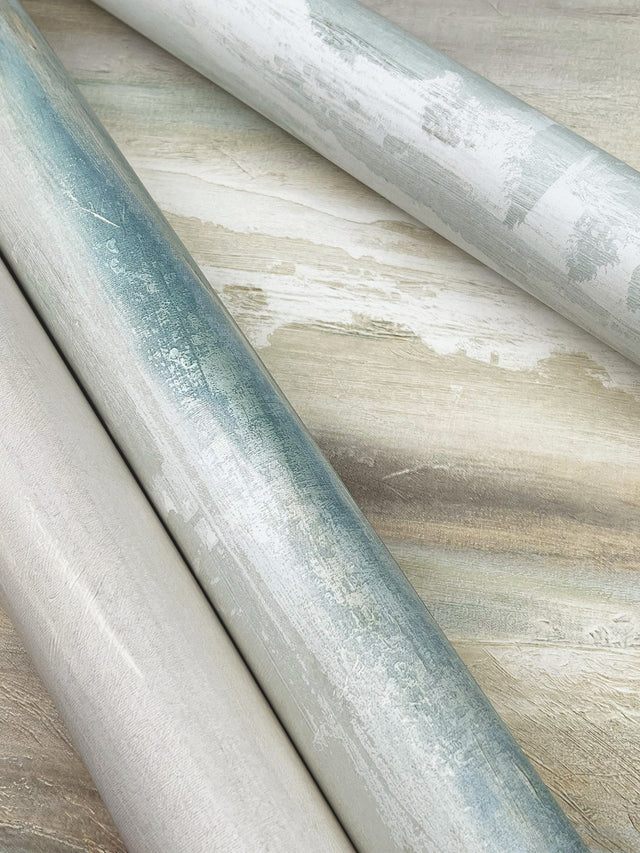 Soothing Mists Scenic Blue Oasis Wallpaper with Watercolor Stripe Motif - York EV3988